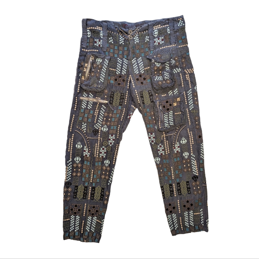 Johnny Was Embroidered Grey Cargo Pants Straight Leg size 8